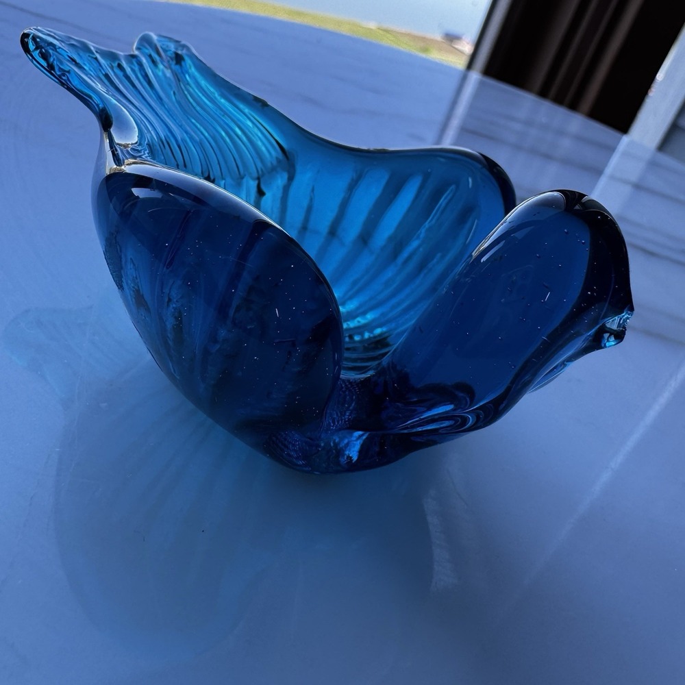 Vintage 1960s Deep Blue Art Glass Bird Swan Trinket Dish MCM Mod Birds Boho